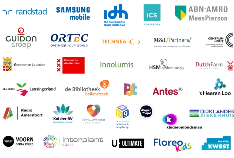 Logo's van organisaties die een workshop volgden, onder meer Randstad, Samsung, ABN AMRO MeesPierson en de Kinderombudsman